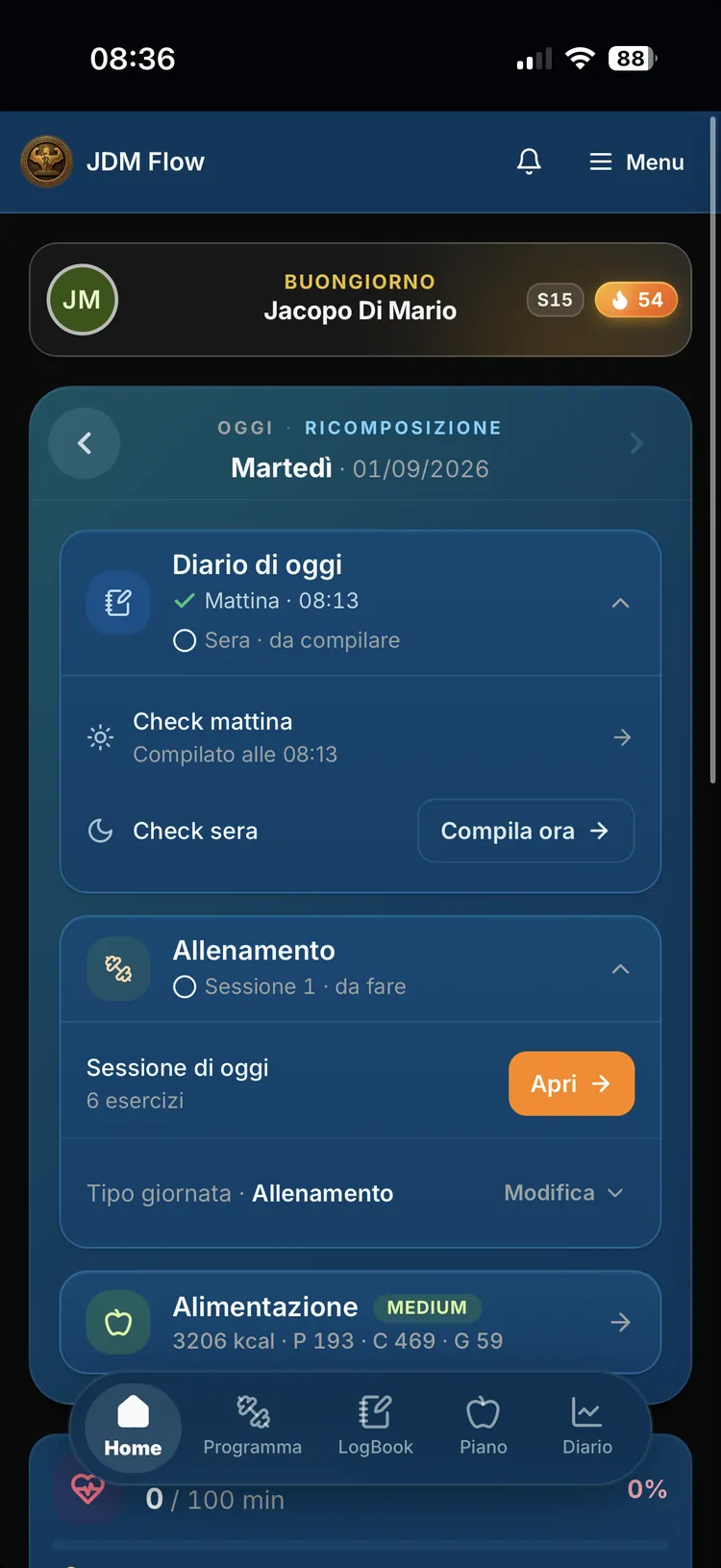 Schermata home di JDM Flow con il diario della giornata
