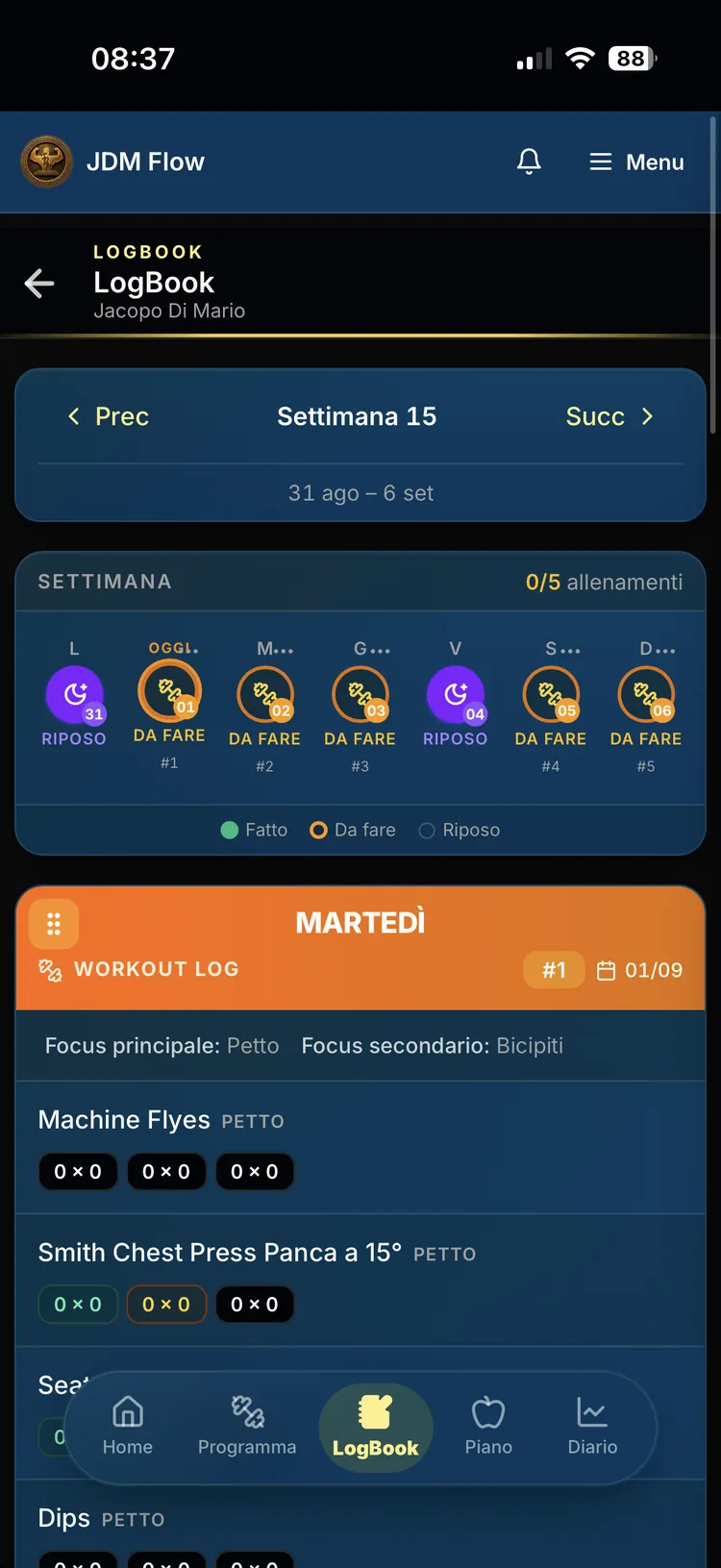 Logbook settimanale con gli allenamenti da fare
